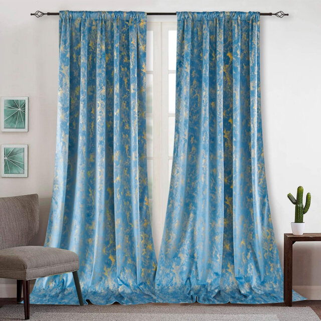 Blue Velvet Curtains Gold Foil Print Blackout Window Curtains 2 Panels,132 x 213 cm