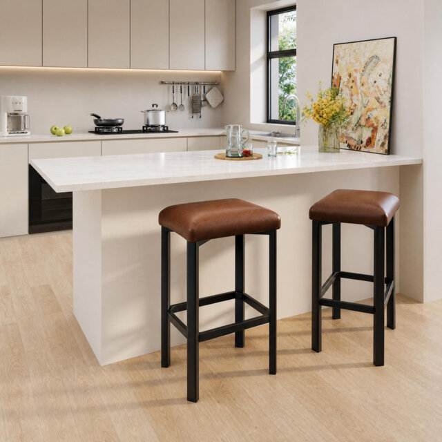 "Modern PU Leather Bar Stools Set of 2 – 24"" Counter Height Backless Chairs with 2"" Thick Padded Seats – Heavy-Duty Metal Frame, Footrest, Easy Assembl"