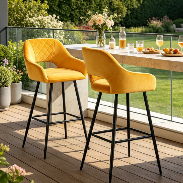 Velvet Upholstered Bar Stools with Armrests and Cut‑Out Backrest