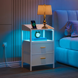 Bedside Table with LED Lights and Charging Station, Bedside Cabinet with 2 Fabric Storage Drawers, Nightstand with USB Ports & TypeC for Bedroom, Livi