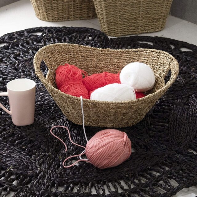 Set Of 2 Seagrass Wicker Fruit Baskets Storage Organiser - Straw Wire Woven Basket Hamper Bins With Handles For Living Room, Bathroom, Kitchen, Home A