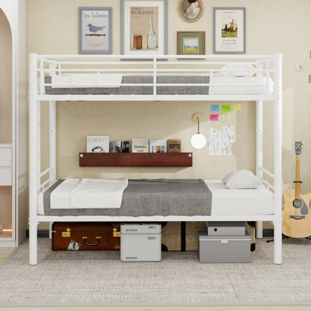 Reinforced Metal Bunk Bed With Iron Art, 90x190cm Mattress, Space Saving For Dormitory & Youth Bedroom