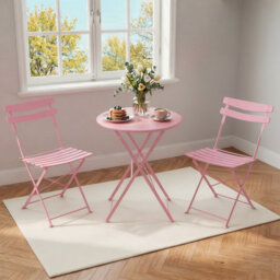 3 Piece Foldable Patio Bistro Set, Outdoor/Indoor Metal Table and Chairs Furniture, Compact Round Table with 2 Folding Chairs for Balcony, Porch, Deck