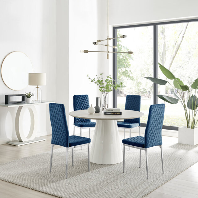 Edzard Statement 4 Person Round Dining Table Set in Luxury Stone Effect - Velvet Dining Chairs