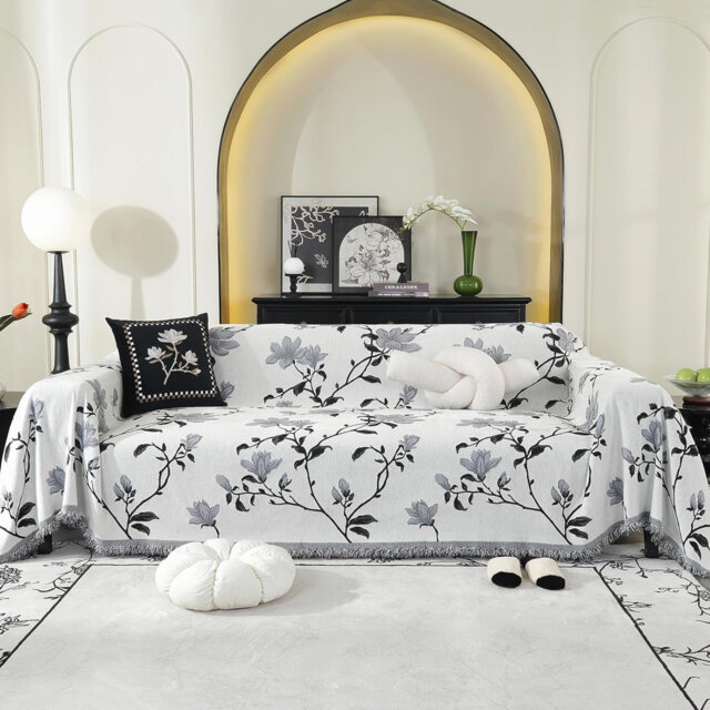 Chenille AB Sided Sofa Cover for 3 Seater, Soft Non-Slip Slipcover with Tassel(Grey, 180×300 cm)