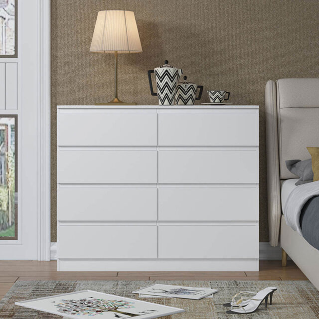 Carlton 8 Drawer Chest Of Drawers: 110cm Wide. 4 + 4 Configuration. Matt Finish. Scratch Resistant. Modern No Handle Design.