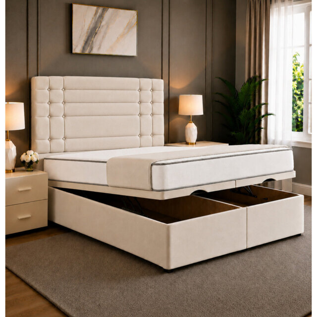 Ferrari Divan Ottoman Storage Bed Frame with Floor Standing Striped  Headboard