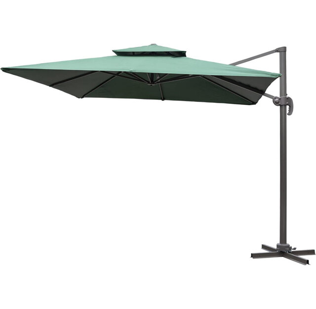 3m Green Square Parasol With Cross Base and 77mm Aluminium Pole Sun Shade Garden Outdoor Beach Patio Canopy Shelter Umbrella Cantilever