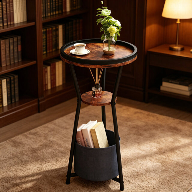 Rustic Brown 3-Tier Round Side Table, Industrial Style Compact Drink End Table, Space-Saving Accent Nightstand for Sofa Bedroom Living Room