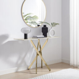 Atal Marble Effect Console Table - Glass Topped Metal Leg Narrow Hallway Console Table