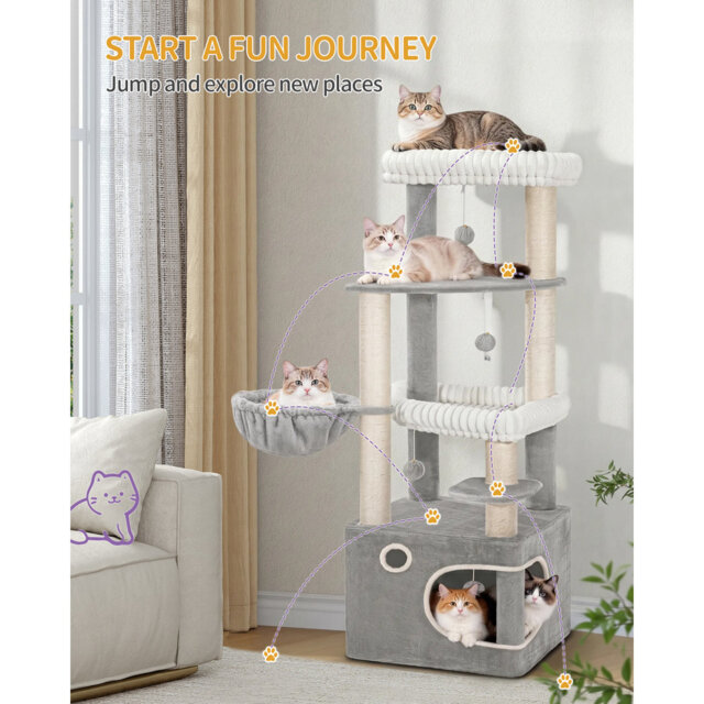 151cm Cat Tree, Multi-Level Corner Cat Tower for Indoor Cats, 3 Large Soft Platforms, 6 Sisal Scratching Posts, Large Cave, Basket, Pompoms