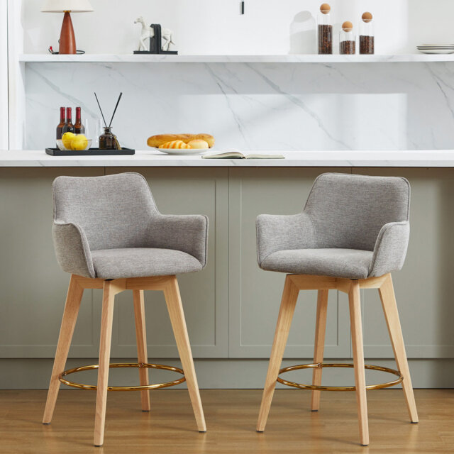 Lovetro 67.5cm Swivel Counter Stools Linen Upholstered with Rubberwood Legs and Gold Footrest (Set of 2)