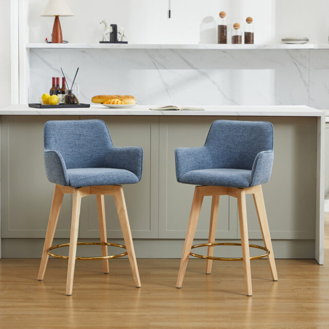 Lovetro 67.5cm H Swivel Counter Stools Upholstered with Rubberwood Legs and Gold Footrest