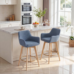 Lovetro 67.5cm H Swivel Counter Stools Upholstered with Rubberwood Legs and Gold Footrest