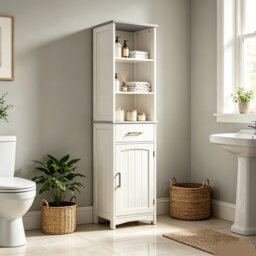 Tall Freestanding Bathroom Storage Cabinet with 3 Tier Shelf Cupboard Drawer and Door White Slim Side Organizer for Bathroom Linen Storage