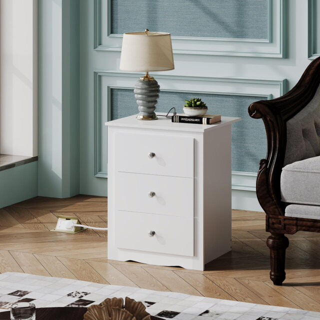 3-Drawer Wooden Bedside Table With Charging Station, USB Ports & Plug Sockets