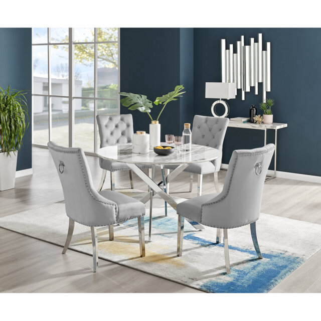 Tierra Modern Chrome Metal & Glass Round Dining Table Set with 4 Luxury Button Velvet Chairs