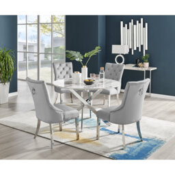 Tierra Modern Chrome Metal & Glass Round Dining Table Set with 4 Luxury Button Velvet Chairs