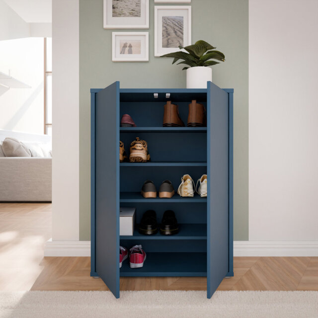 Modern minimalistic shoe cabinet with 2 large doors, 4 shelves, engineered wood, warm oak decor, 74.5 cm W x 99.1 cm H x 34.9 cm D