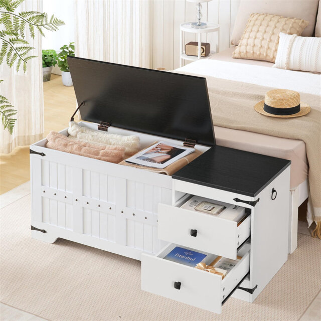 Wooden Toy Storage Bench, 120Cm Storage Chest With Dual Drawers, Large Shoe Bench Storage Chest Trunk With Safe Hinge, Extra-Long Thick Top, Easy Asse