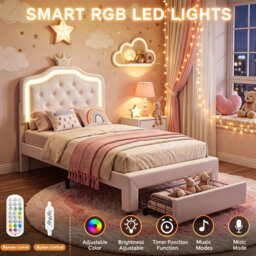 Warmth Single Bed Frame Kids Bed With LED, PU Upholstered Bed With Drawer And Adjustable Height Headboard, Platform Bed Frame With Solid Wood Slats, E