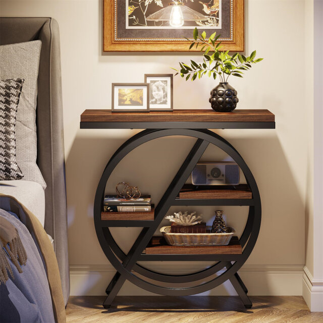 Side Table With Storage, Wood Sofa Side Table With Geometric Metal Frame, Industrial Nightstand And Bedside Table
