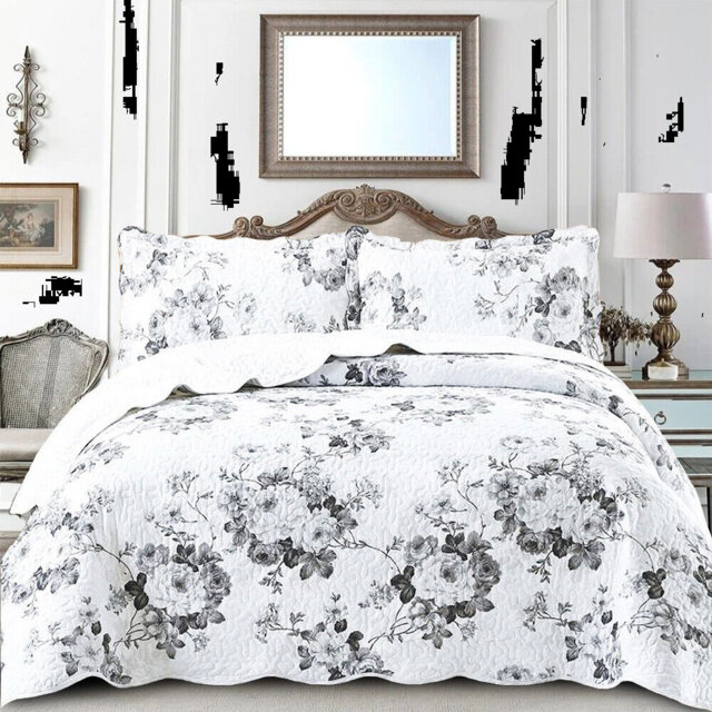 Printed Bedspread Set with Vintage Floral Patchwork Design, Soft Microfiber Coverlet Set with Matching Pillow Shams for All Seasons