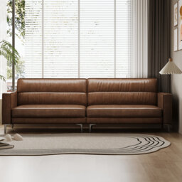 Waxed Leather Chesterfield Style Sofa, 220cm Wide Brown Couch with Carbon Steel Feet