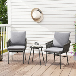 3-Piece Rattan Bistro Set with 4 Cushions for Balcony Porch, Grey