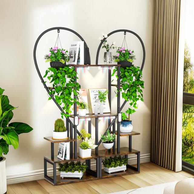 6-tier Indoor Plant Stand With Grow Lights, Metal Heart-shaped Ladder Shelf Home