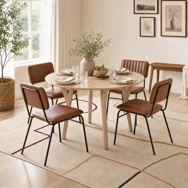 Drea Round Soild Wood Dining Table With 4 Tan Dorsey Chairs - Farmhouse Style