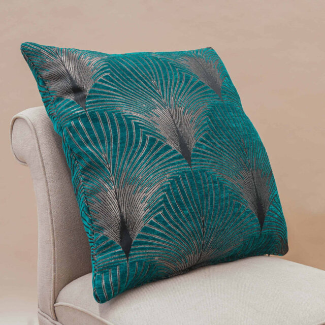 Art Deco Fan Cushion in Teal and Silver