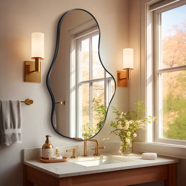 Irregular Wall Mirror, Asymmetrical Bathroom Vanity Mirror with Metal Frame, Modern Decorative Mirror