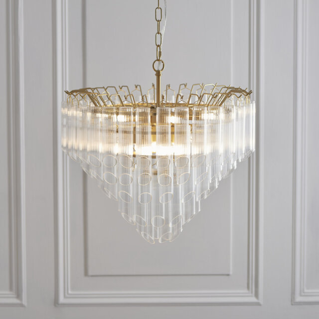 Woodland 12lt Pendant light Angled finished in Brass and Clear