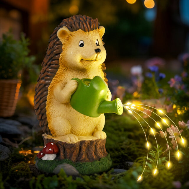 Hedgehog Water Kettle Statue, Garden Ornaments with Solar Powered Lights, Gifts for Mum, for Women, Birthday Gift for Mom, Waterproof Garden Decorati