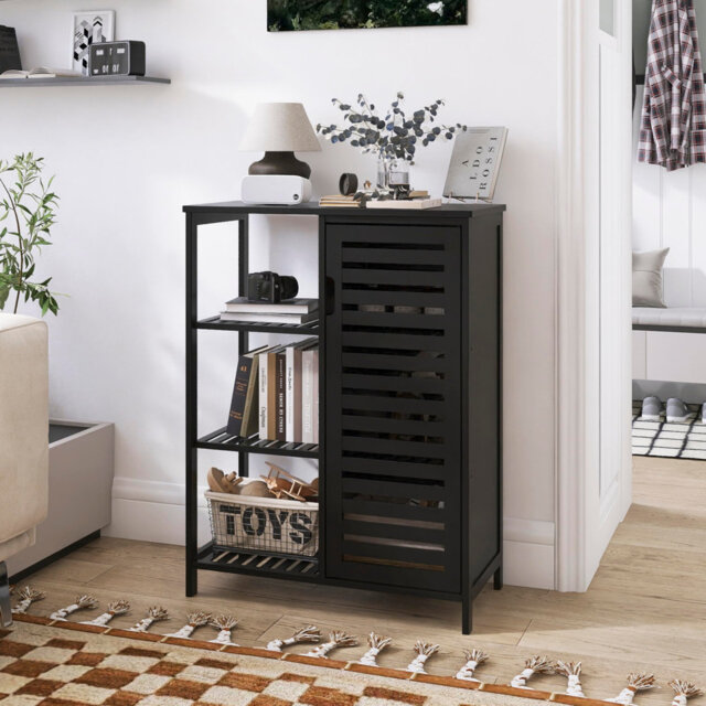 Bamboo Storage Cabinet, Freestanding Bathroom Floor Cabinet With Door And Shelves For Home Office, Space-Saving