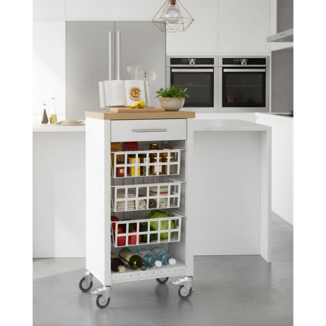 York 48cm W Kitchen Trolley with Elm Wood-Effect Top and Locking Wheels