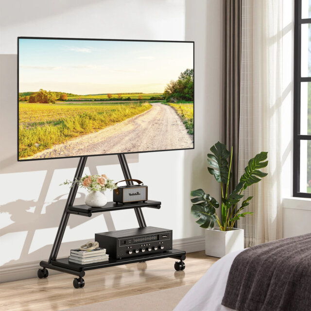 Rolling TV Stand for 43-80 Inch TVs up to 68 KG Max VESA 600x400mm, TV Stands on Wheels Height Adjustable Mobile TV Stand with Shelves