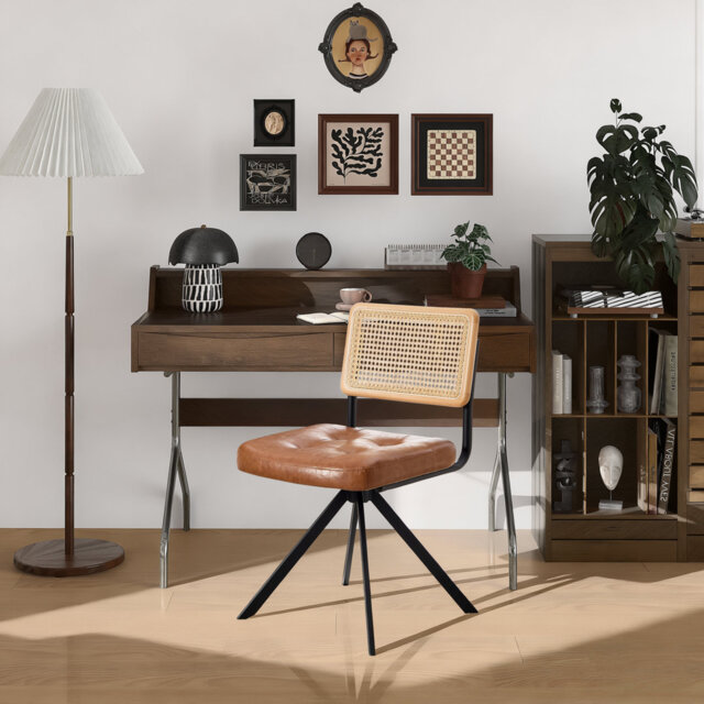 Mid-Century Modern Faux Leather Swivel Office Chair Rattan Back Armless Task Chair for Home Office