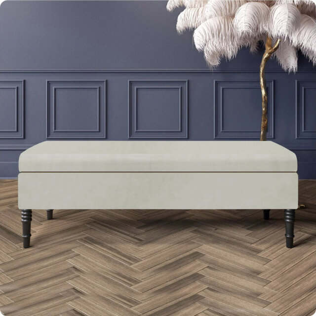Safar Plain Upholstered Plush Velvet Ottoman Storage Bench with Black Turned Wooden Legs