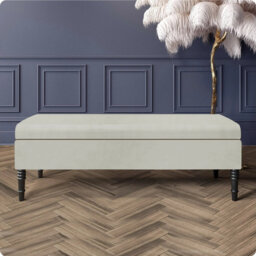 Safar Plain Upholstered Plush Velvet Ottoman Storage Bench with Black Turned Wooden Legs