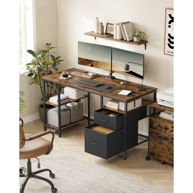 Computer Desk, Office Desk, Writing Desk With 3 Shelves, 2 Drawers, 60 X 140 X 76 Cm, For Home Office, Living Room, Industrial Style