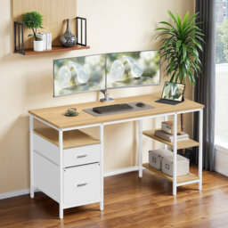 Computer Desk, Office Desk, Writing Desk With 3 Shelves, 2 Drawers, 60 X 140 X 76 Cm, For Home Office, Living Room, Industrial Style