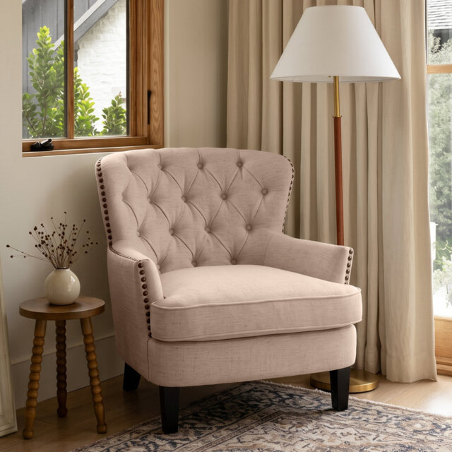 Higgenbotham Velvet Wingback Accent Chair with Button-Tufted Back and Nailhead Trim