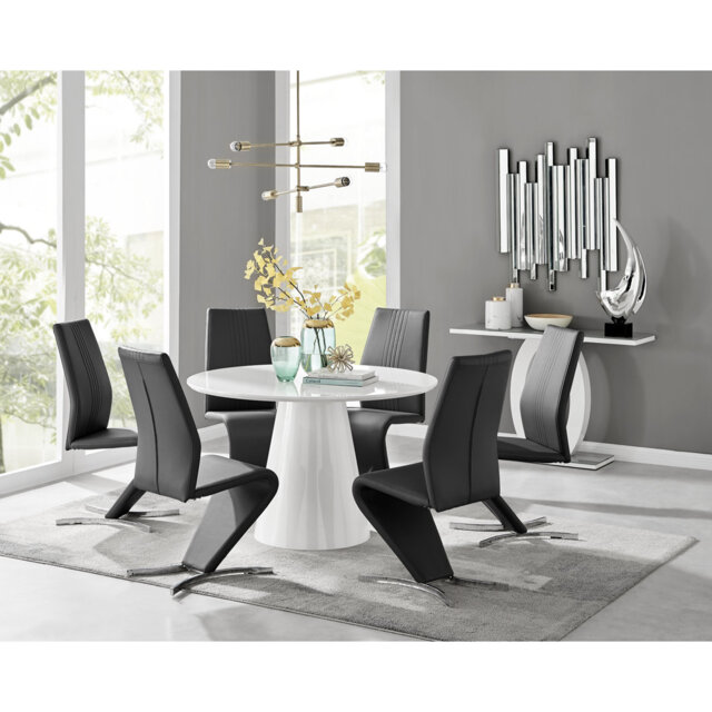 Edzard Statement Pedestal Round Dining Table Set & 6 Luxury Velvet Dining Chairs