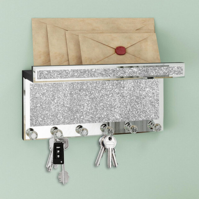 Mirrored Key Holder for Wall, Bling Wall Shelf with 6 Crystal Hooks, Wall Mounted Key Racks & Glass Mail Organizer