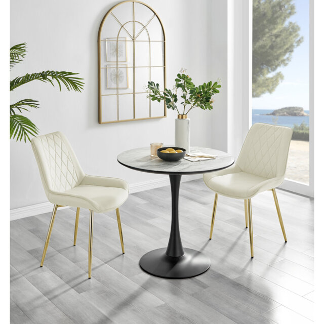 Ellis White Marble Effect Melamine Round Dining Table Set with 2 Luxury Velvet Dining Chairs