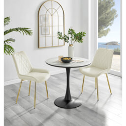 Ellis White Marble Effect Melamine Round Dining Table Set with 2 Luxury Velvet Dining Chairs
