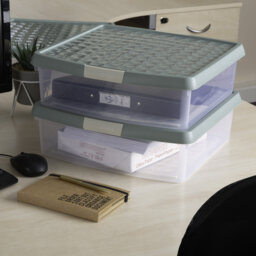 Wham Clip 13.2L Square Plastic Storage Boxes with Secure Clip Lock Lids. L:39.5 x W:39.5 x H:12cm Clear/Stone/Slate Grey