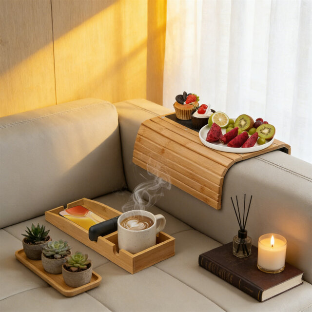 Sofa Arm Tray â 3-In-1 Magnetic Detachable Bamboo Couch Cup Holder